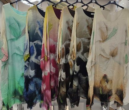 Obrazek Sukienka elegancka BAT midi/maxi Ombre Irysy jedwab UNI od S - 50/52 Italy