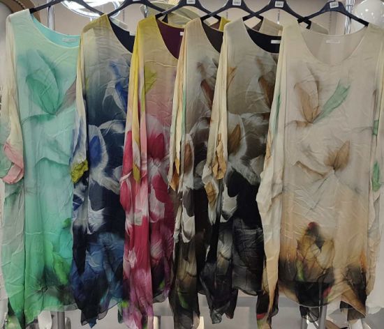 Obrazek Sukienka elegancka BAT midi/maxi Ombre Irysy jedwab UNI od S - 50/52 Italy