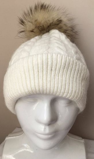 Obrazek Czapka elegancka angora, wełna kaszmirowa futro pompon, warkocz Włochy